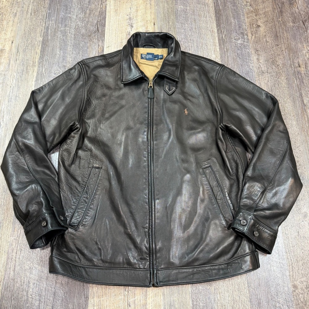 Polo Ralph Lauren Leather Jacket Mens M Brown Vintage Full Zip Harrington Bomber